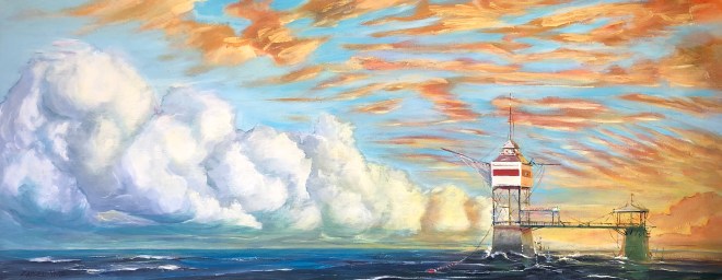 Zamuel Huben maalaus Vastaanotto merinäköalalla on akryylivärimaalaus